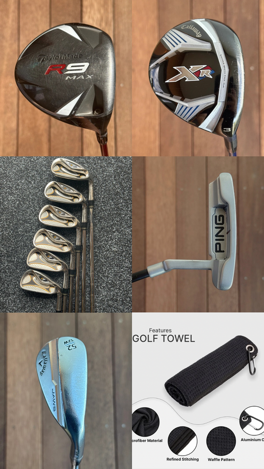 Complete Starter Golf Set – TaylorMade R9 Driver & R7 Irons, Callaway XR Wood & JAWS Wedge, Ping Putter